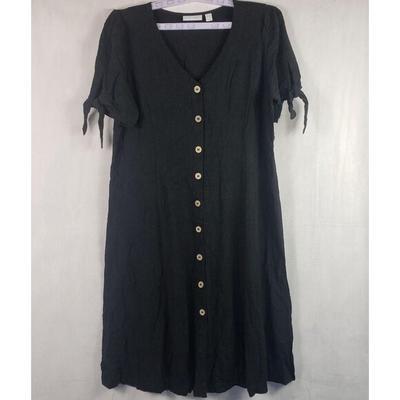 Susan Graver Pure Dress Womens Petite Large Black Linen Blend Tie Sleeve Midi - Picture 2 of 11